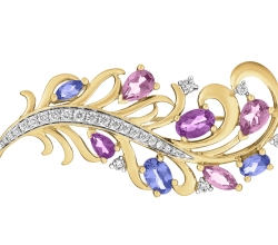 Zlatá brož ve tvaru pírka s brilianty, drahokamy a ozdobnými kameny